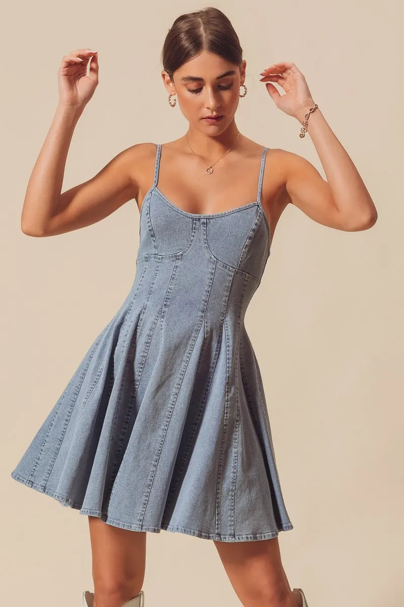 SO ME light-wash denim A-line fit and flare mini dress with thin straps