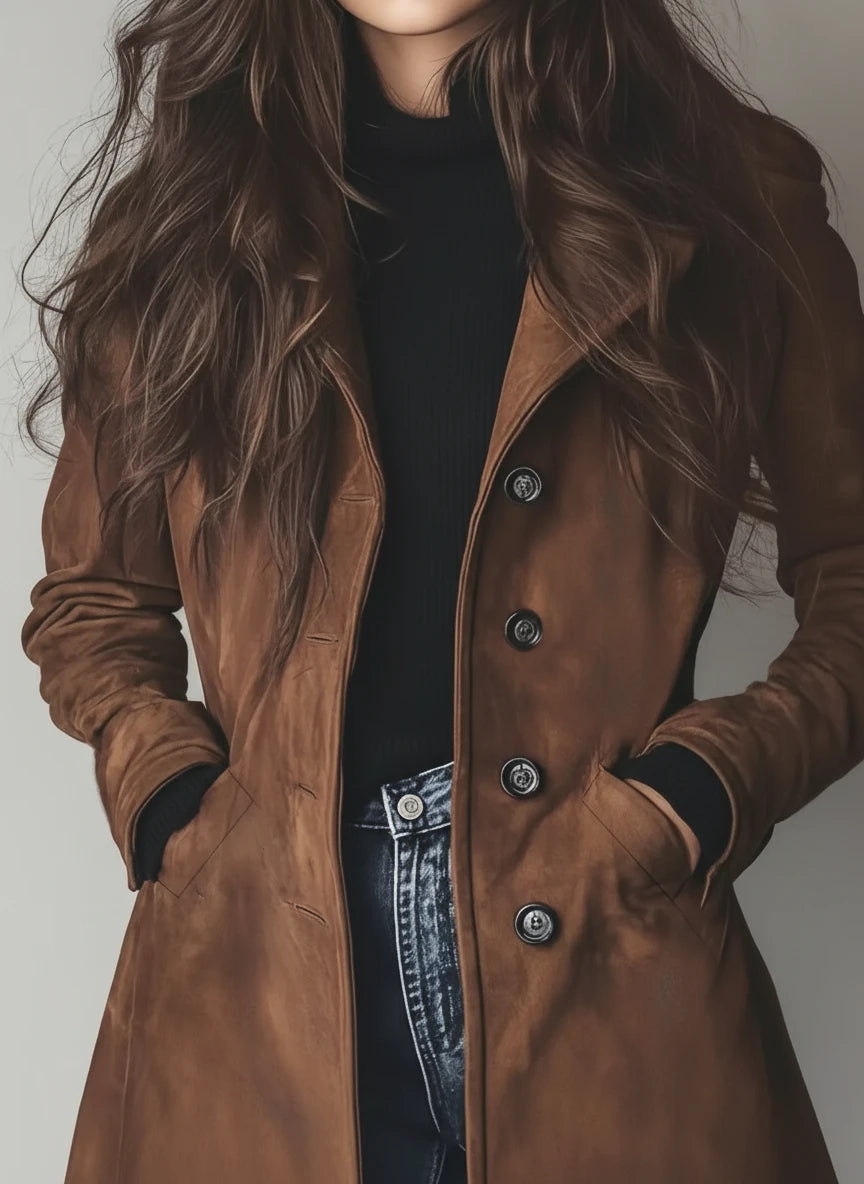 Brown leather double-breasted trench coat with fur-lined collar