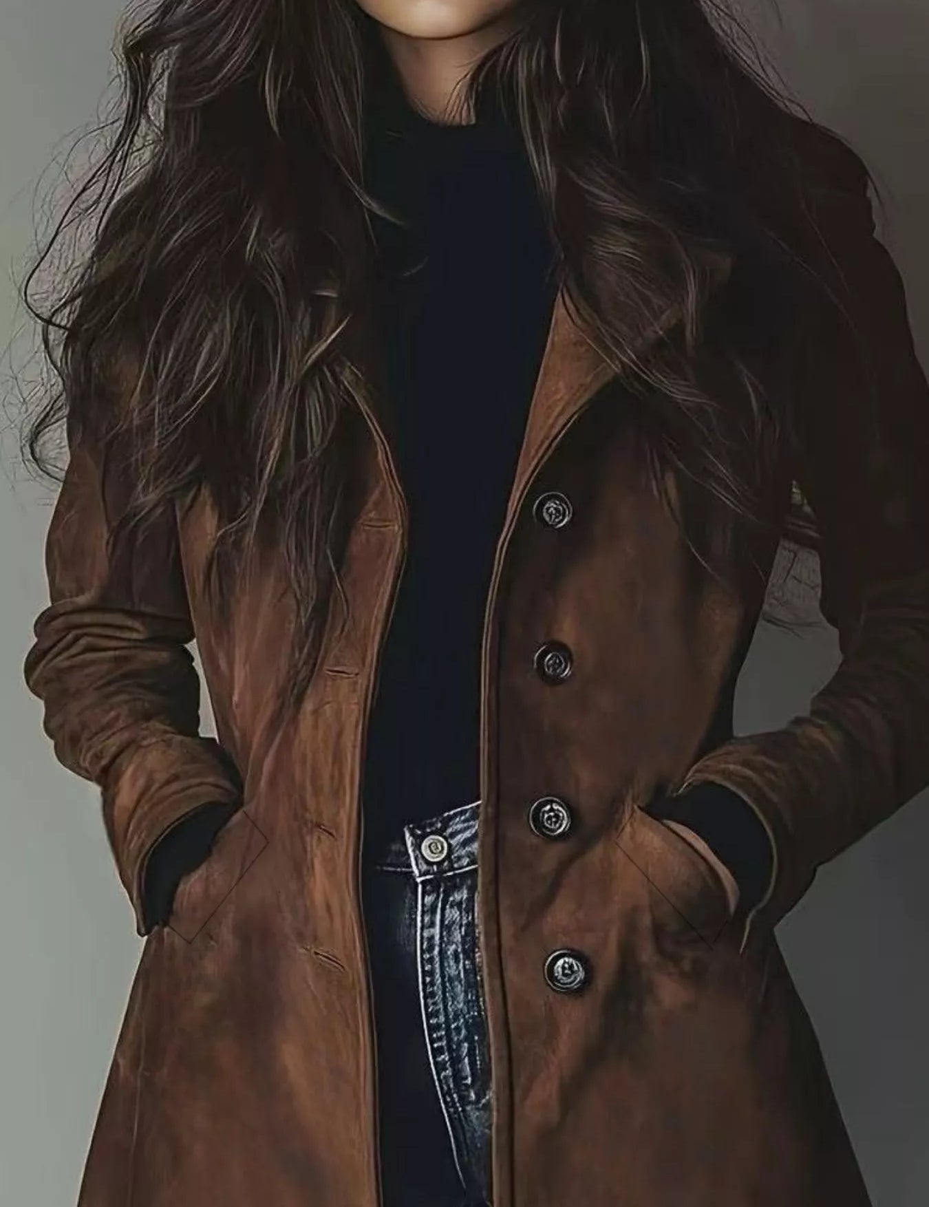 Brown leather double-breasted trench coat with fur-lined collar