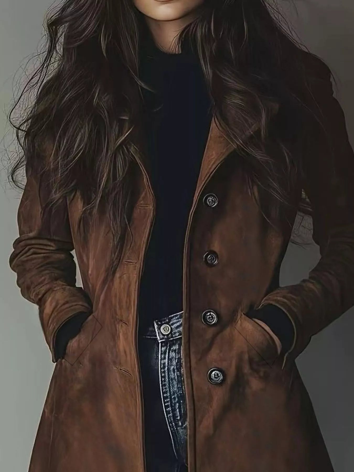Brown leather double-breasted trench coat with fur-lined collar