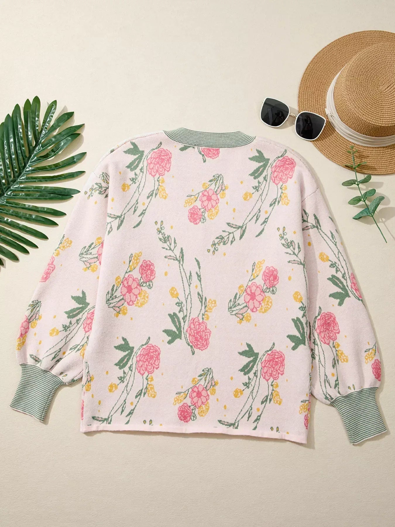 Floral Pattern Striped V Neck Loose Sweater - DAVERRI FASHIONS