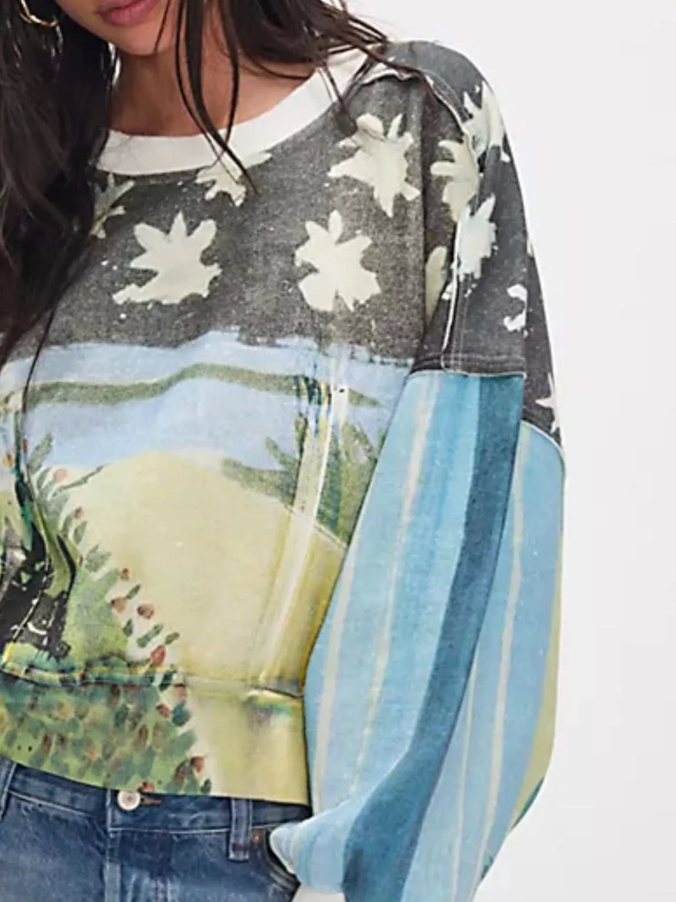 Printed Round Neck Dropped Shoulder Sweatshirt | Sweatshirts Daverri Fashions