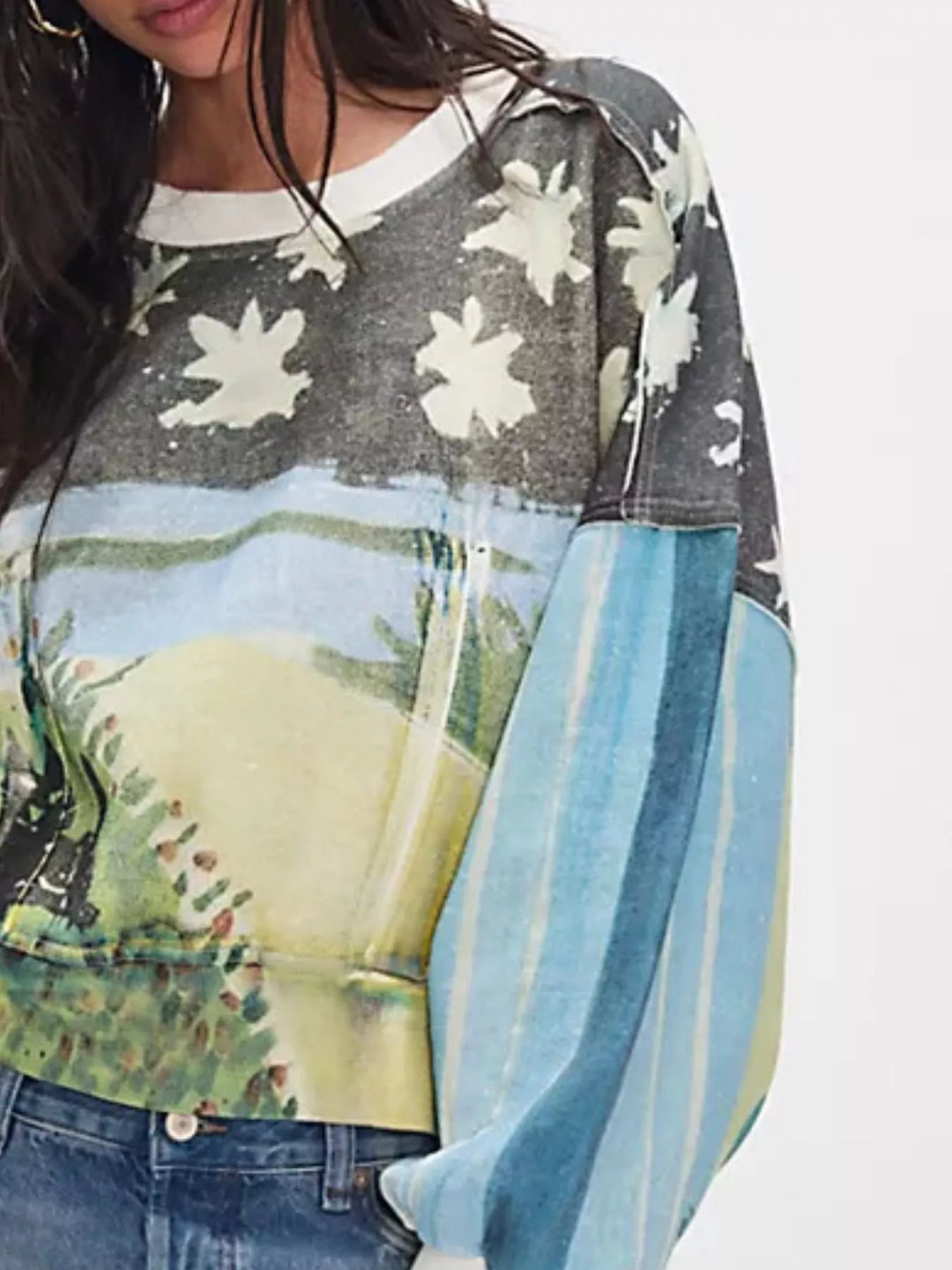 Printed Round Neck Dropped Shoulder Sweatshirt | Sweatshirts Daverri Fashions