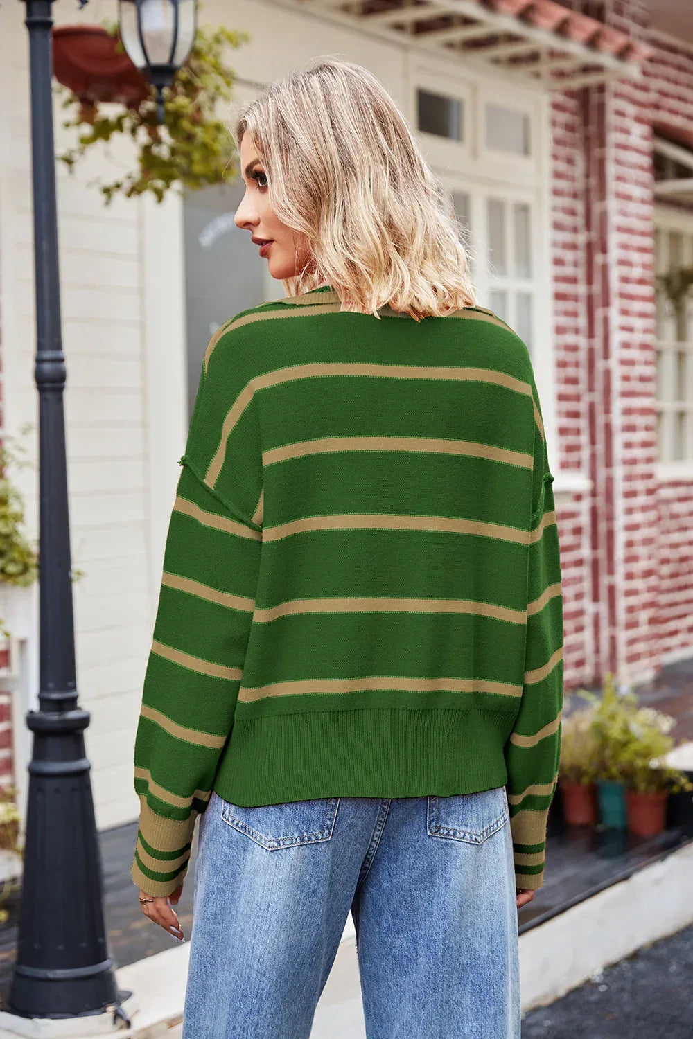 Striped Johnny Collar Sweater - DAVERRI FASHIONS