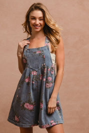 BiBi Flower Printed Wide Strap Denim Overalls Dark