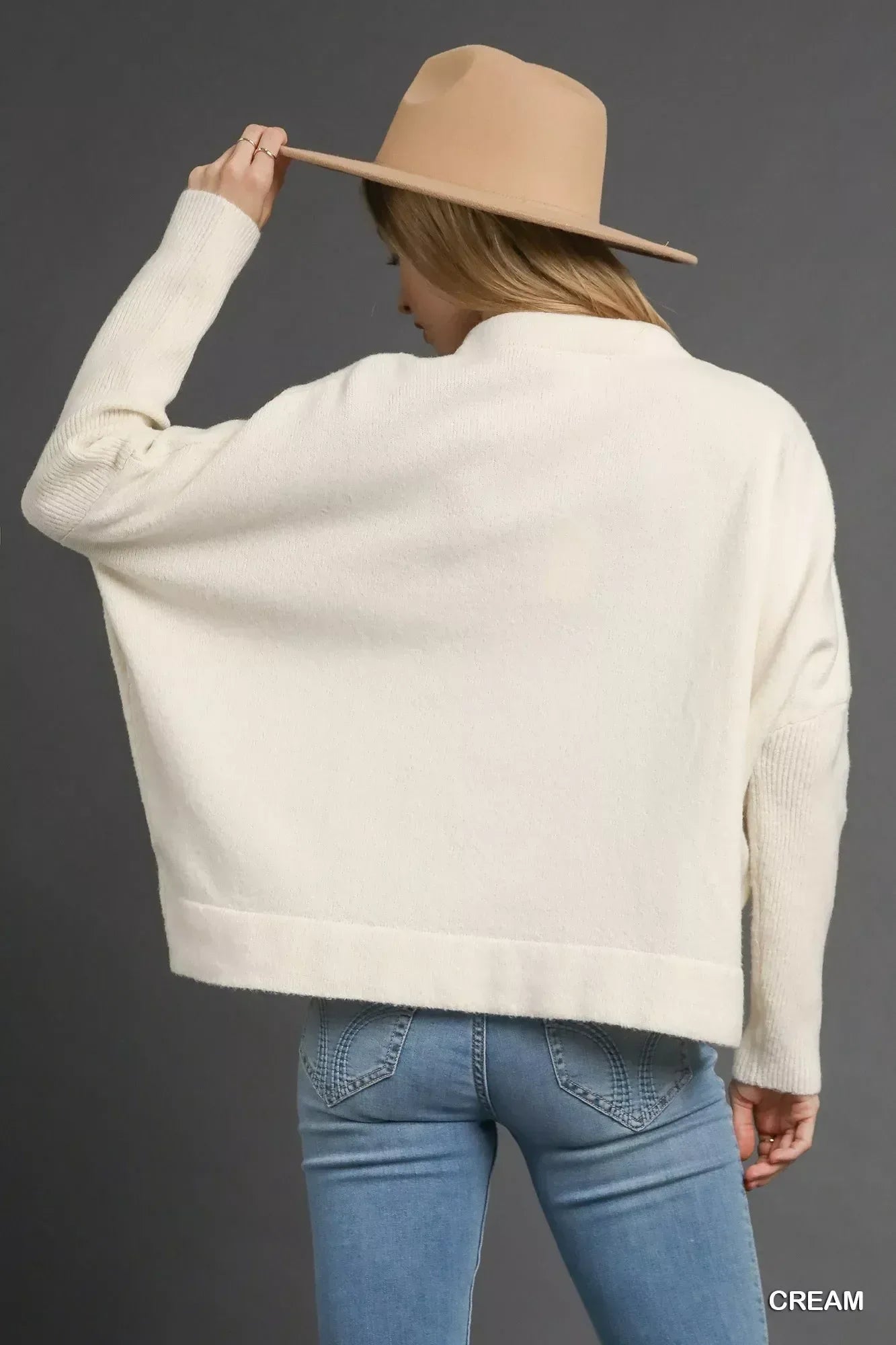 Umgee V-Neck Sweater with Wide Trim Detail - DAVERRI FASHIONS
