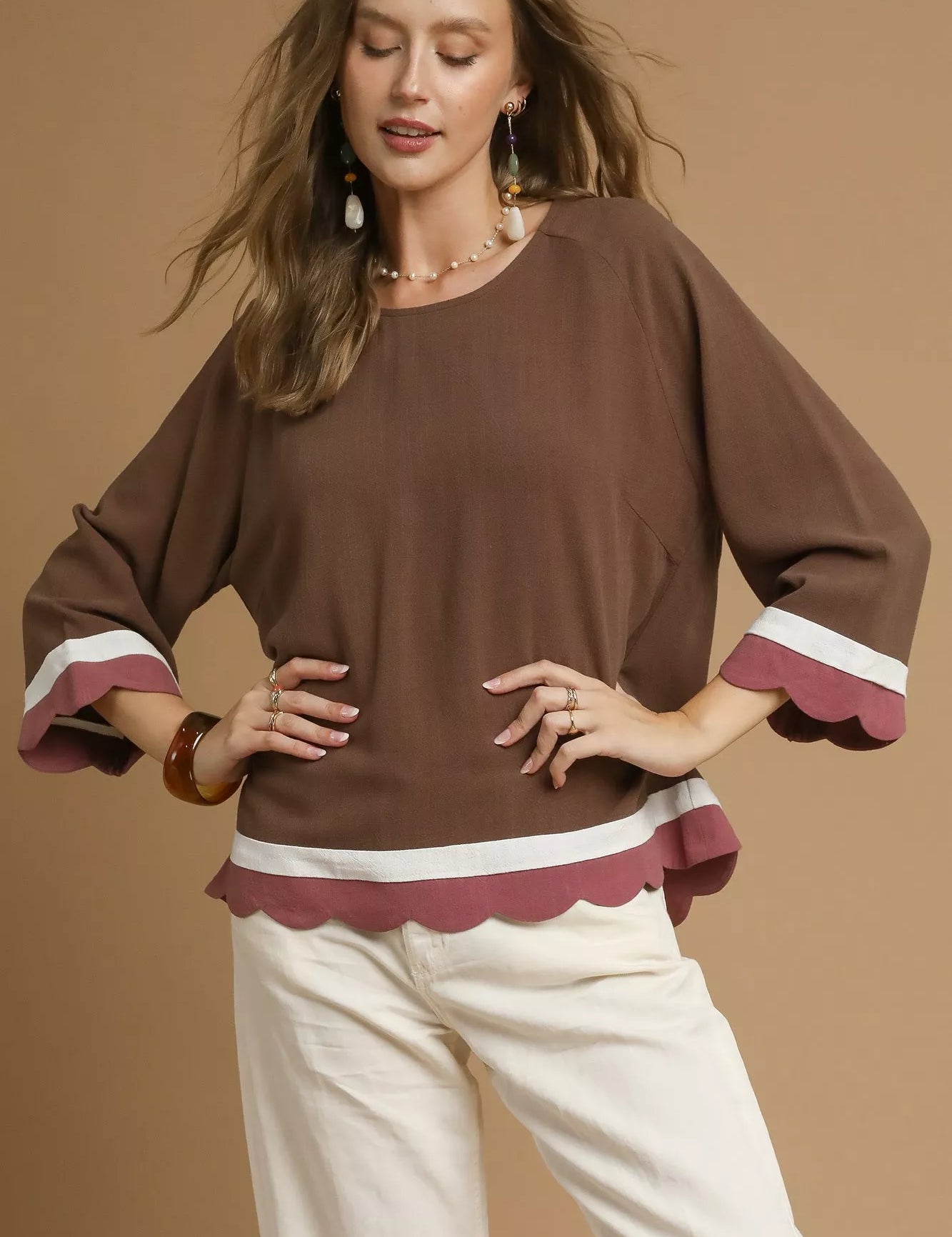 MOCHA Umgee Scalloped Hem Color Block Top | Blouses Daverri Fashions