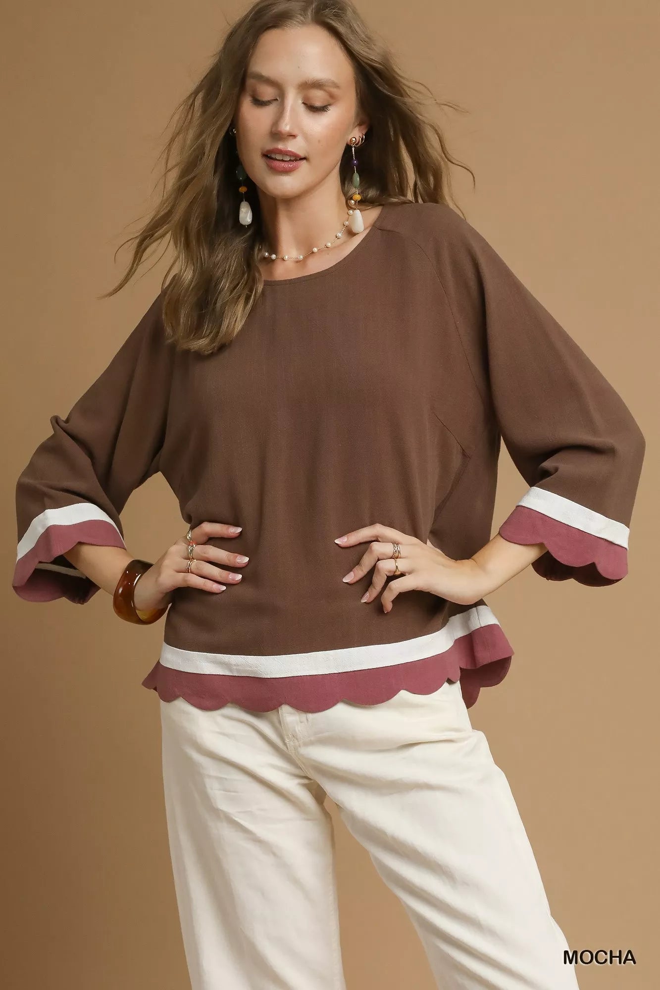 MOCHA Umgee Scalloped Hem Color Block Top | Blouses Daverri Fashions