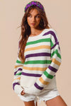 Cozy SO ME Mardi Gras striped round neck sweater top
