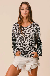 BiBi Leopard Hacci Knit Twist Back Top With Stripe Sleeve | Tops Daverri Fashions