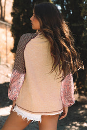 Fushia Mixed Print Raglan Sleeve Ribbed Knit Patchwork Blouse | Blouses Daverri Fashions