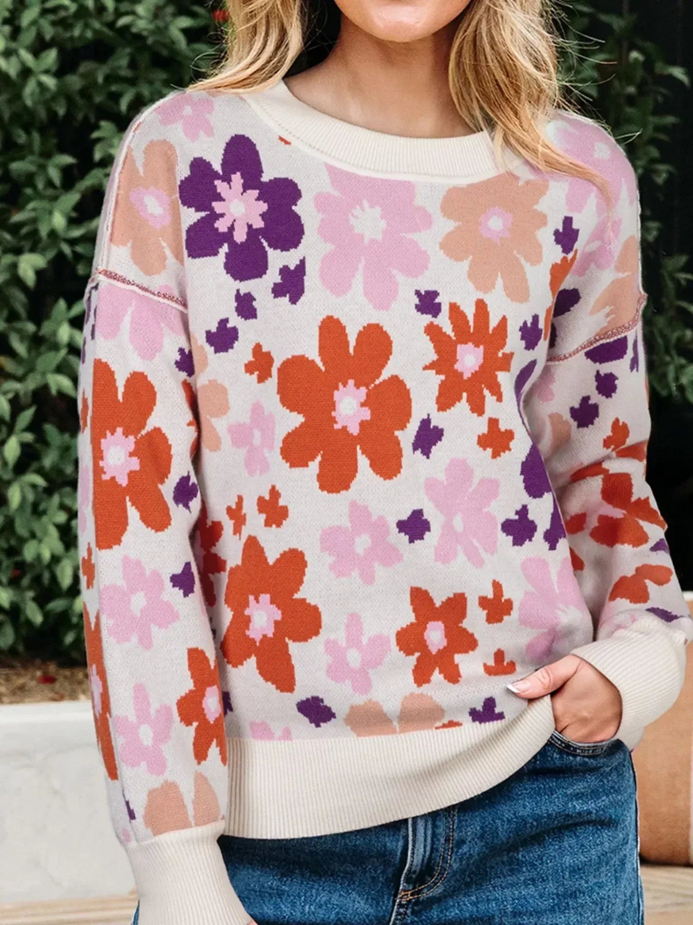 Floral Pattern Drop Shoulder Sweater - DAVERRI FASHIONS