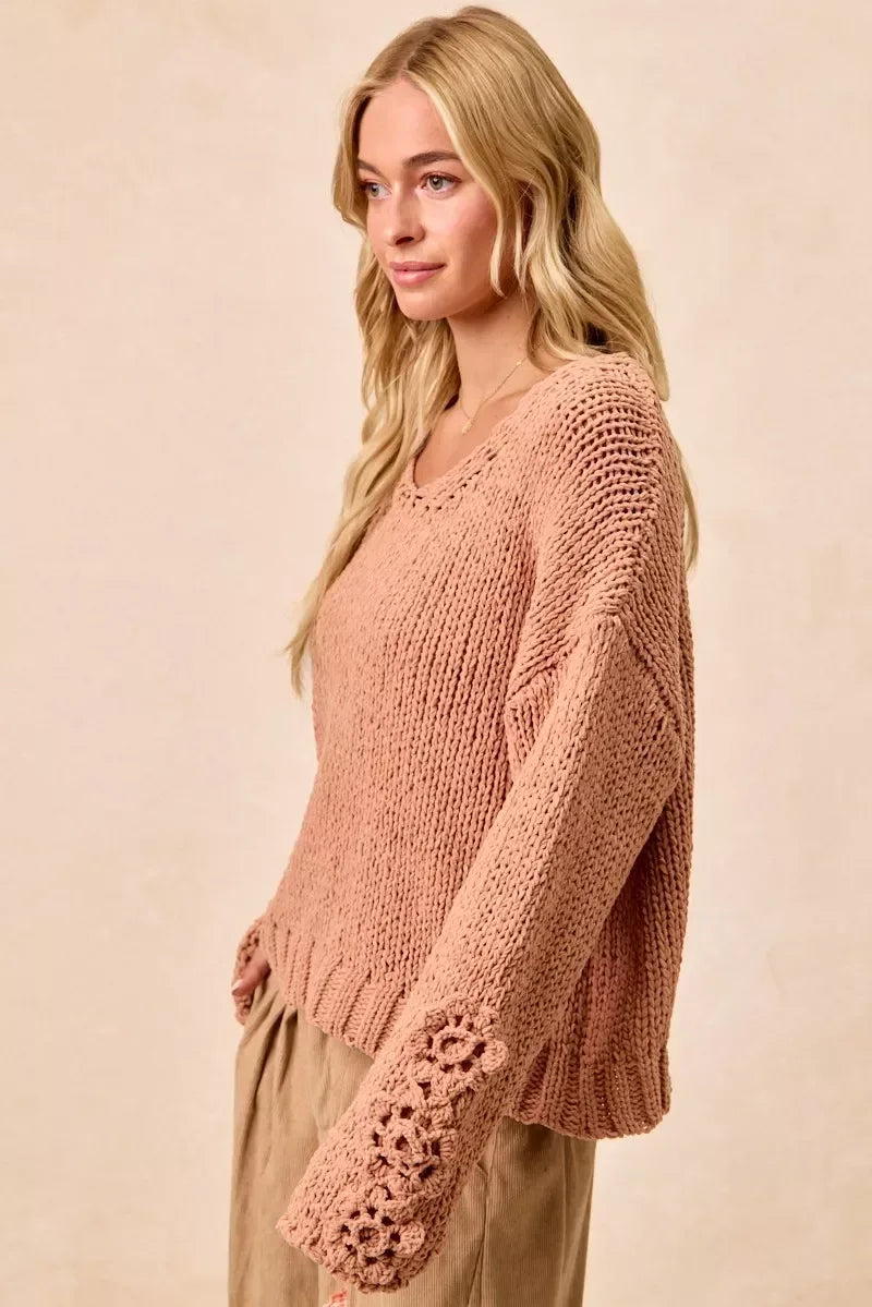 BiBi Chunky Knit Sweater with Flower Detail Sleeves - DAVERRI FASHIONS
