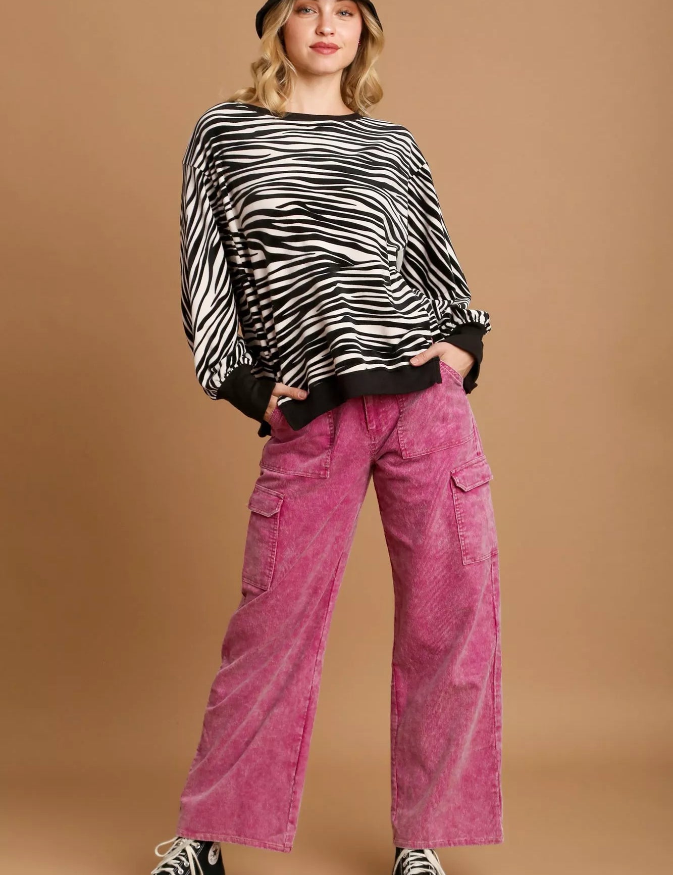 Umgee Zebra Striped Fleece Pullover Sweater Shirt | Sweaters Daverri Fashions