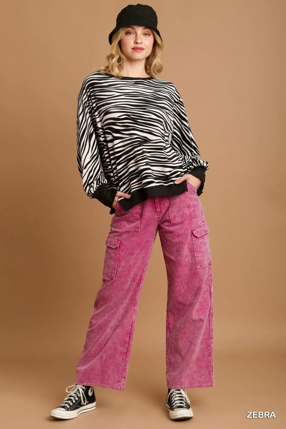 Umgee Zebra Striped Fleece Pullover Sweater Shirt | Sweaters Daverri Fashions