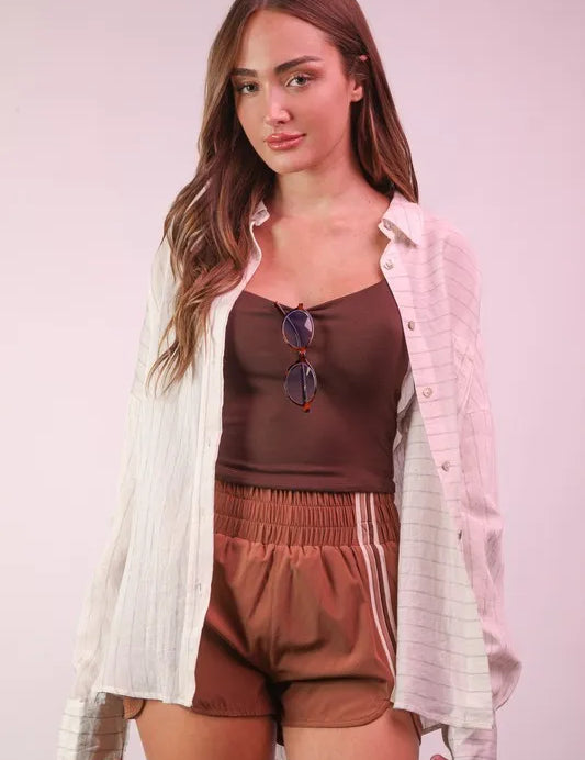 VERY J Oversized Striped Button Down Shirt Top | Shirts Daverri Fashions