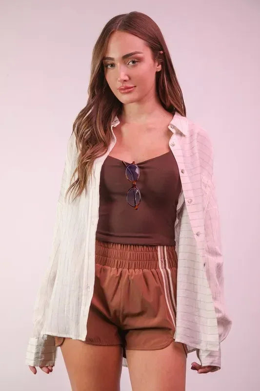 VERY J Oversized Striped Button Down Shirt Top - DAVERRI FASHIONS