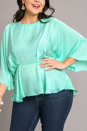 Umgee Full Size Satin Pleated Round Neck Kimono Sleeve Blouse Plus Size Blouses