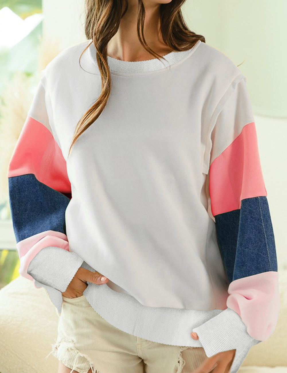 White 65%Polyester+35%Cotton White French Terry Color Block Long Sleeve Top | Sweatshirts Daverri Fashions