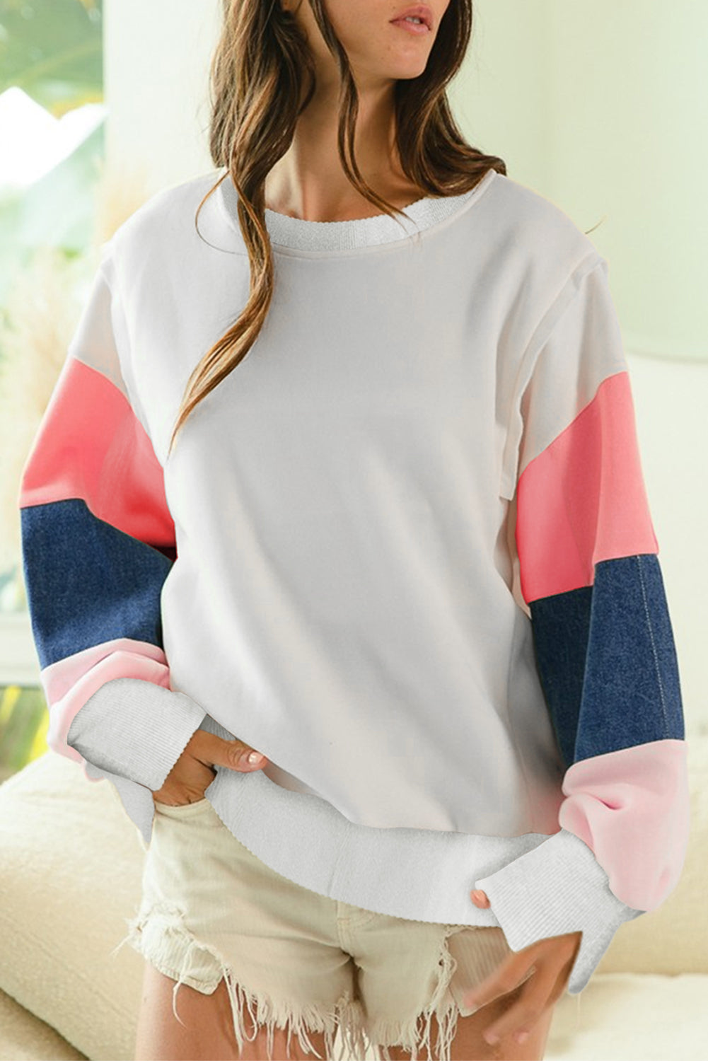 White 65%Polyester+35%Cotton White French Terry Color Block Long Sleeve Top | Sweatshirts Daverri Fashions