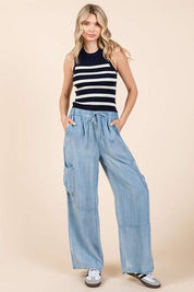 Mittoshop Washed Elastic Waist Cargo Wide Leg Pants