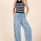 Mittoshop Washed Elastic Waist Cargo Wide Leg Pants - DAVERRI FASHIONS