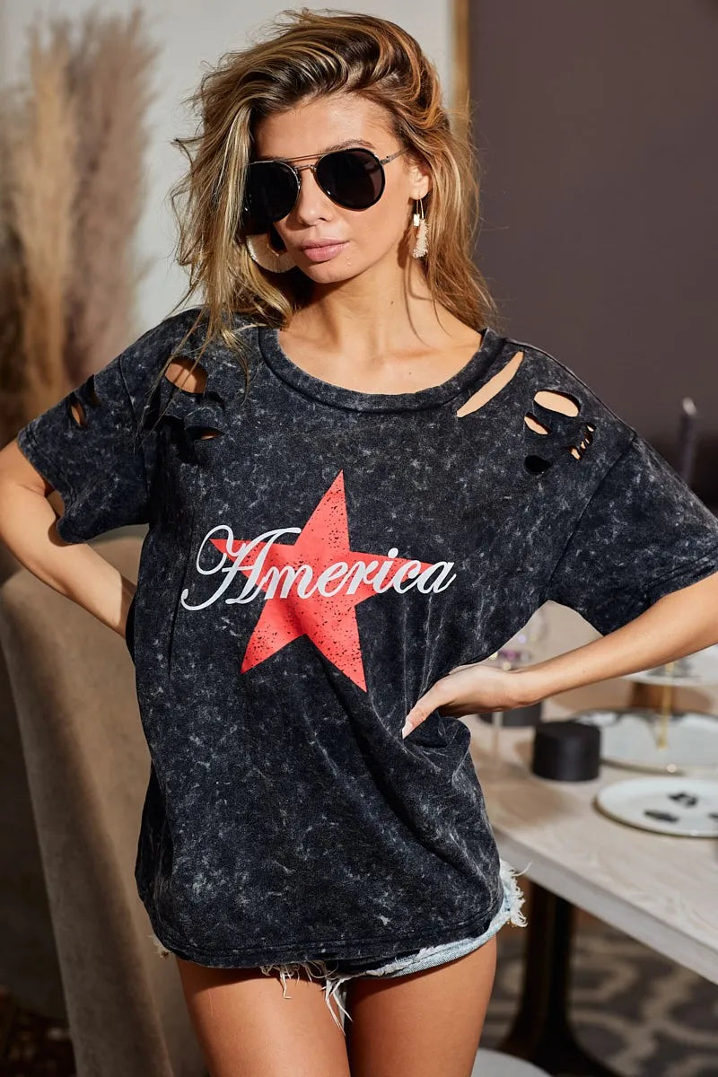BiBi Laser Cut Mineral Washed Jersey Top with America Tops