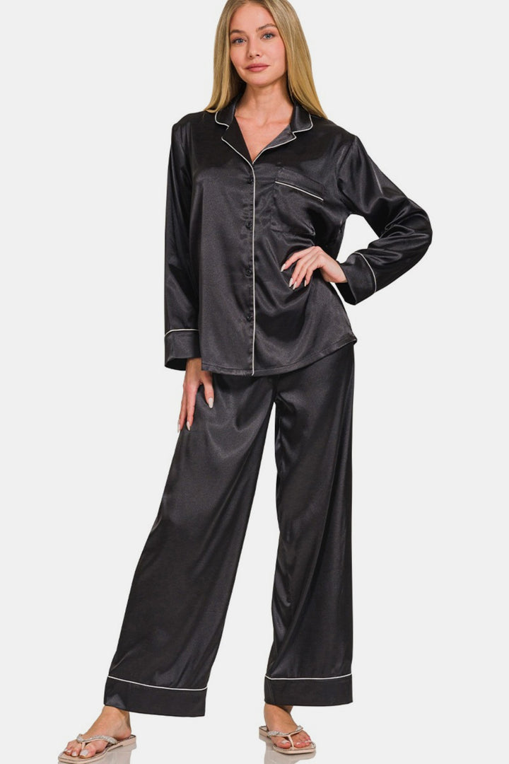 Black Satin Long Sleeve Shirt and Pants Pajama Set Black Outfit sets