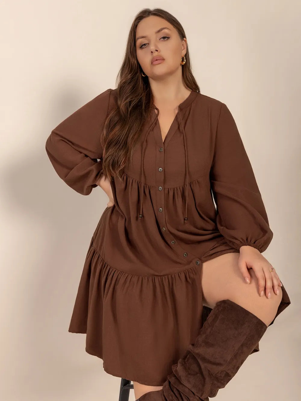 Plus Size Tie Neck Balloon Sleeve Tiered Dress | Daverri Fashions
