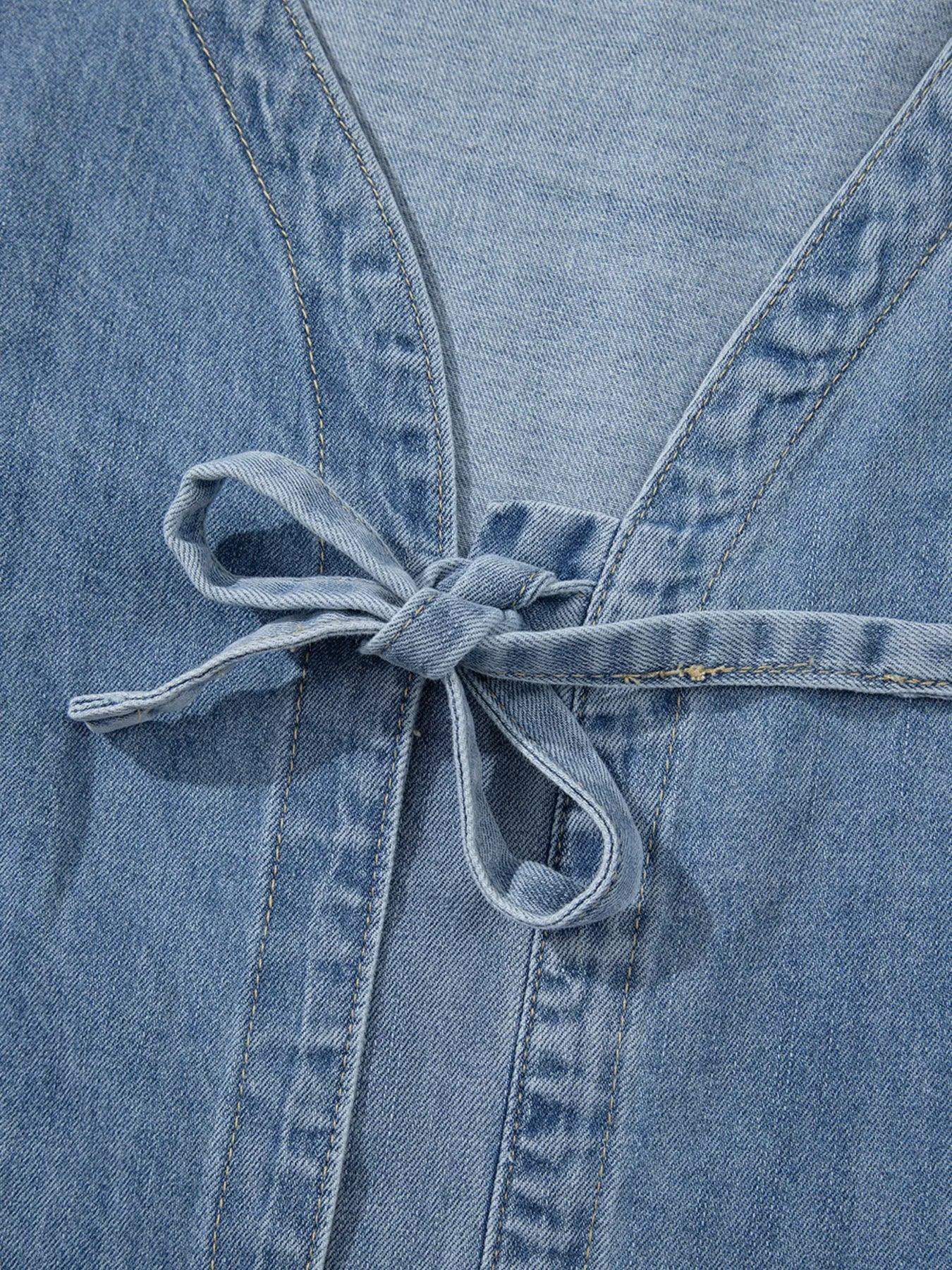 Tied Front Puff Sleeve Denim Top - DAVERRI FASHIONS