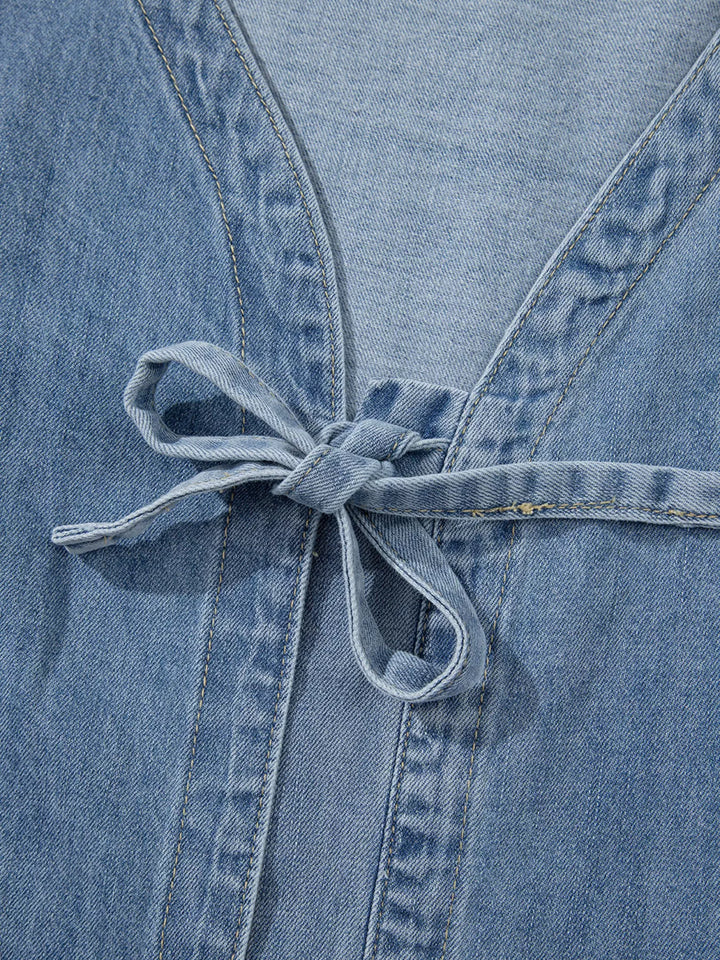 Tied Front Puff Sleeve Denim Top | Tops Daverri Fashions