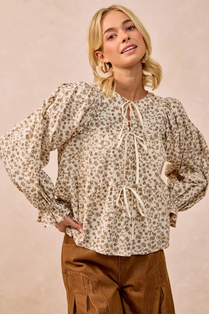 BiBi Floral Printed Peplum Blouse with Shirring and Tied | Blouses Daverri Fashions