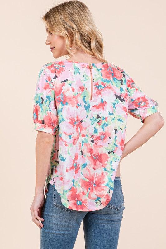 BOMBOM Floral Round Neck Puff Sleeve Top | Tops Daverri Fashions