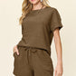 Double Take Full Size Texture Short Sleeve T-Shirt and Drawstring Shorts Set Chestnut Outfit Sets