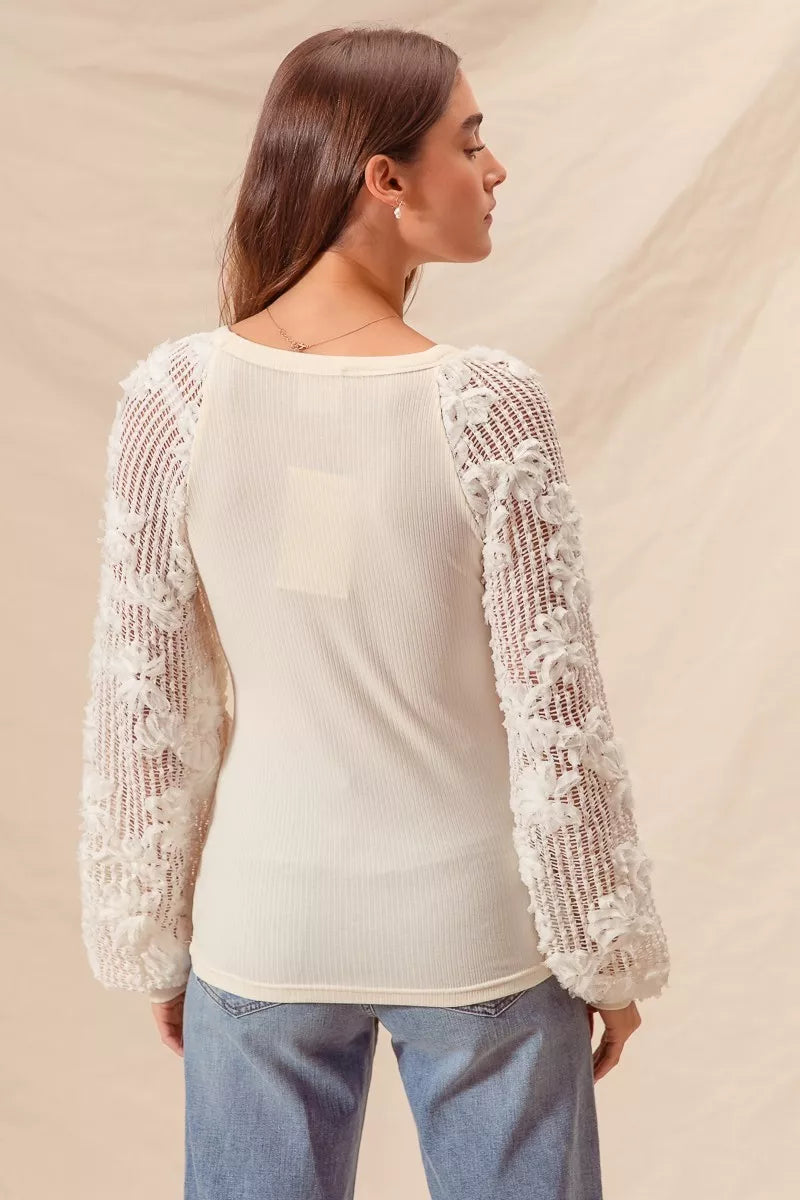 SO ME Rib Knit Top with Lace Balloon Sleeves | Knit Tops Daverri Fashions
