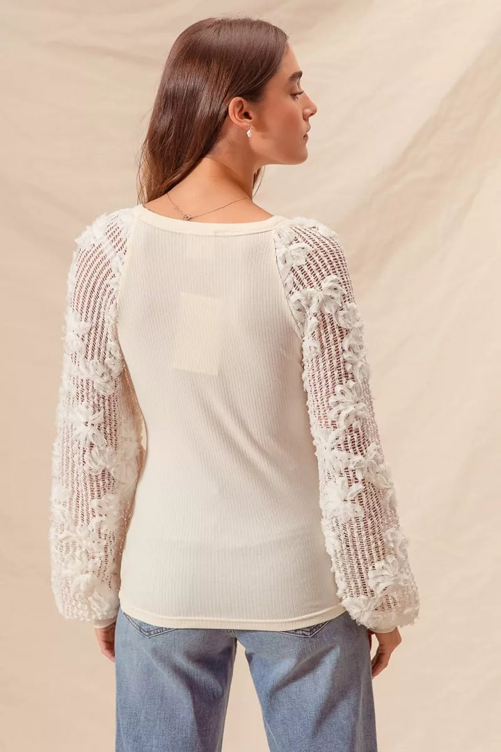SO ME Rib Knit Top with Lace Balloon Sleeves | Knit Tops Daverri Fashions
