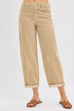 RISEN High Rise Crop Barrel Cordurory Pants - DAVERRI FASHIONS