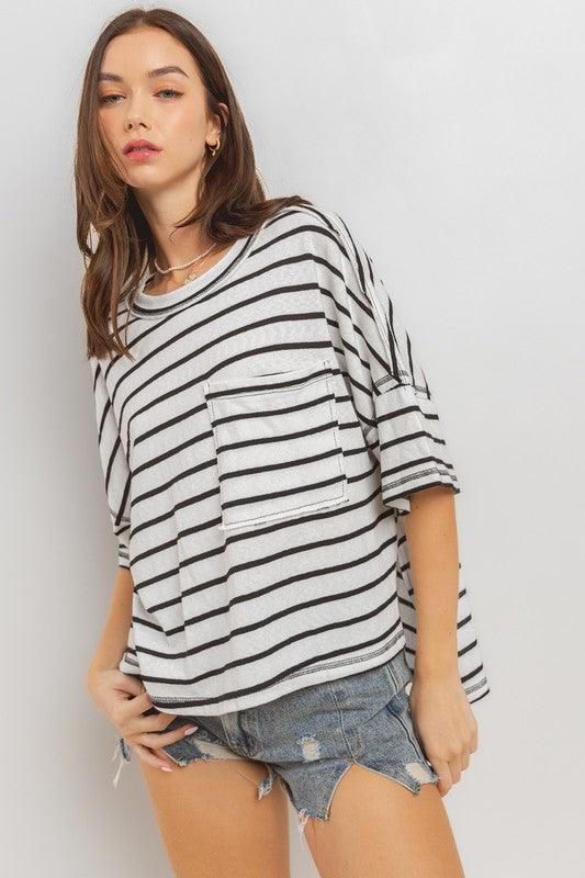 Ces Femme Side Slit Striped Round Neck Half Sleeve T-Shirt | T-Shirts Daverri Fashions