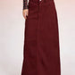 Burgundy corduroy raw hem maxi skirt with front buttons and seams