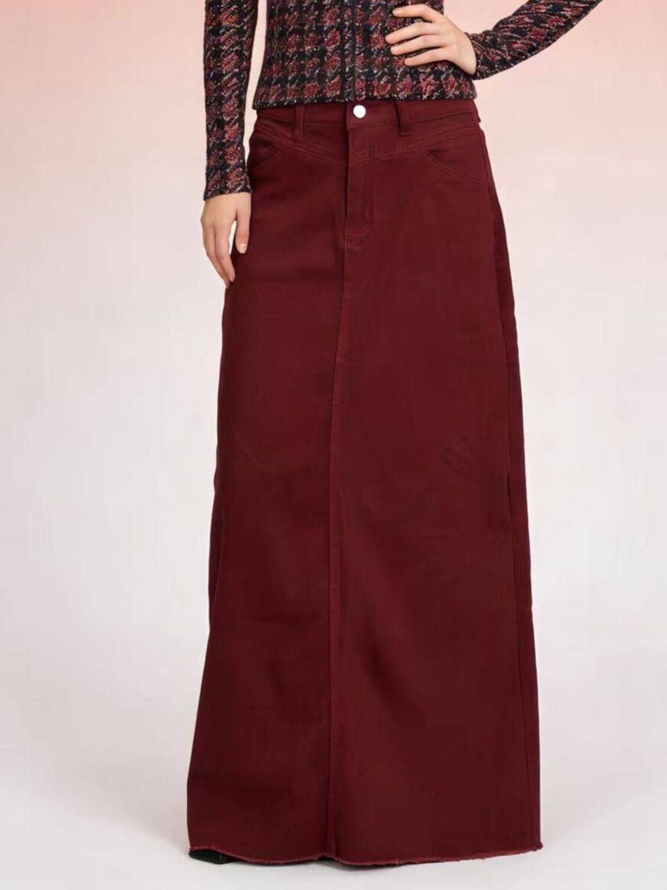 Burgundy corduroy raw hem maxi skirt with front buttons and seams
