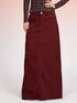 Burgundy corduroy raw hem maxi skirt with front buttons and seams