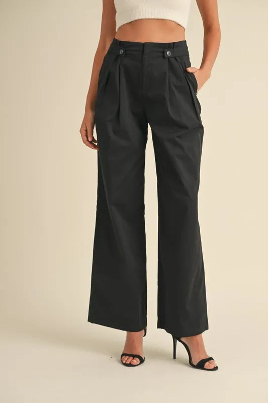 MABLE High Waist Front Pleated Detail Wide Leg Pants Black Pants