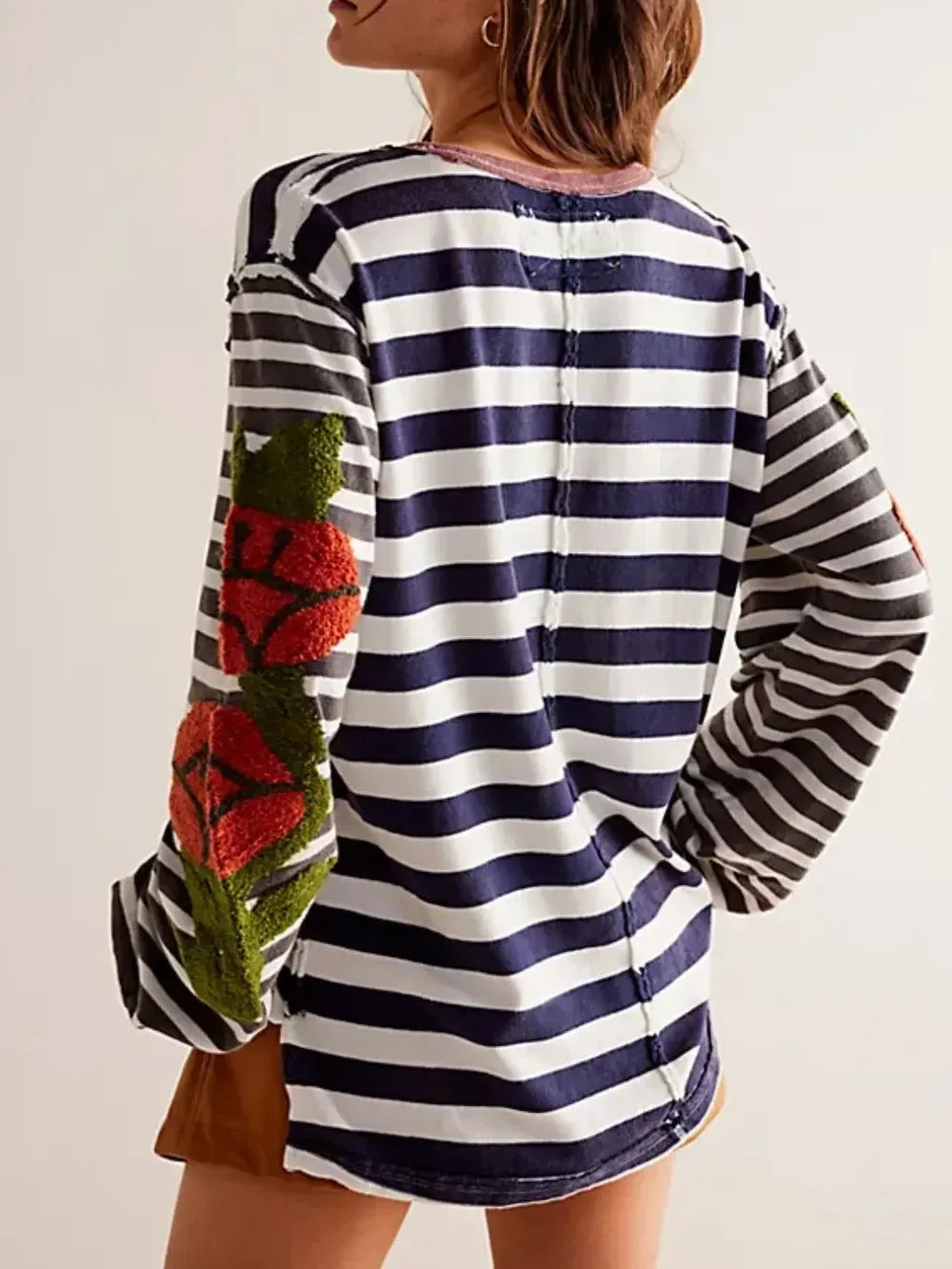 Striped Round Neck Long Sleeve Sweatshirt - DAVERRI FASHIONS