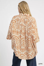 Beige and brown abstract print Umgee button-up oversized blouse with three-quarter sleeves