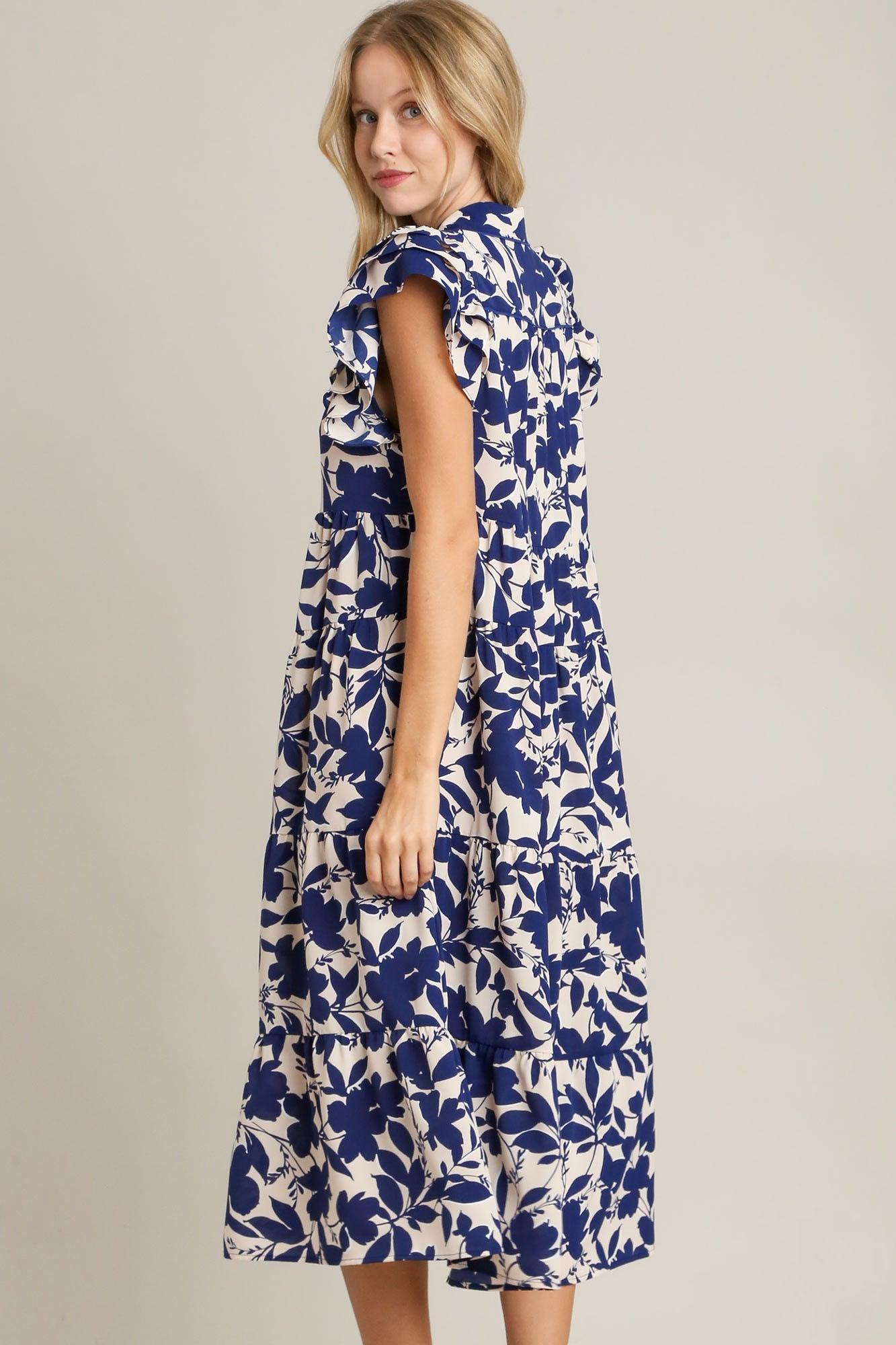 Umgee Full Size Floral Collared Ruffle Cap Sleeve Midi Dress Plus Size Mid Dresses