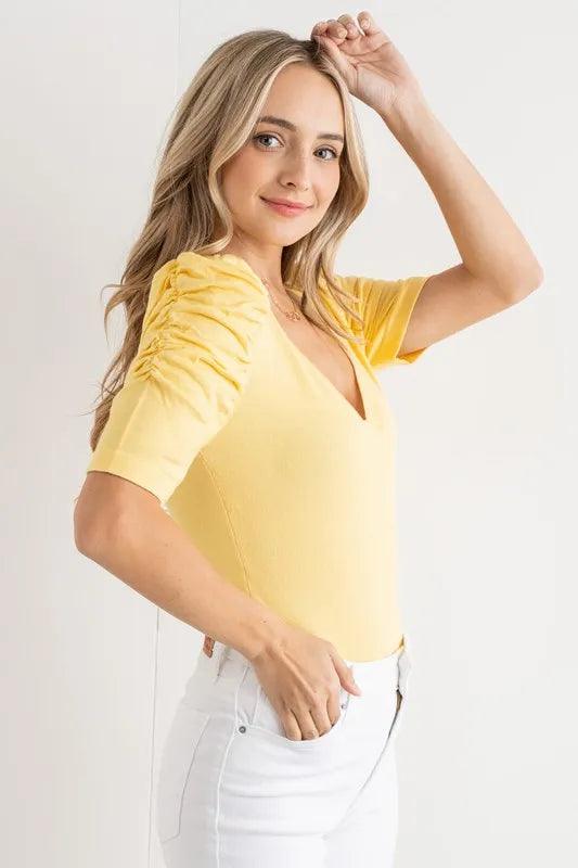 And The Why Shirring Puff Sleeve Bodysuit | Bodysuits Daverri Fashions