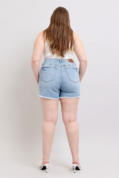 Judy Blue Full Size Tummy Control Raw Hem Denim Shorts Plus Size