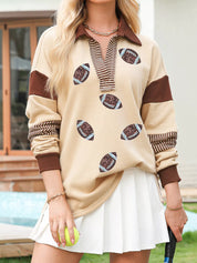 Tan Color Block Striped Patchwork Sequin Rugby Graphic Polo Sweatshirt | Sweatshirts Daverri Fashions