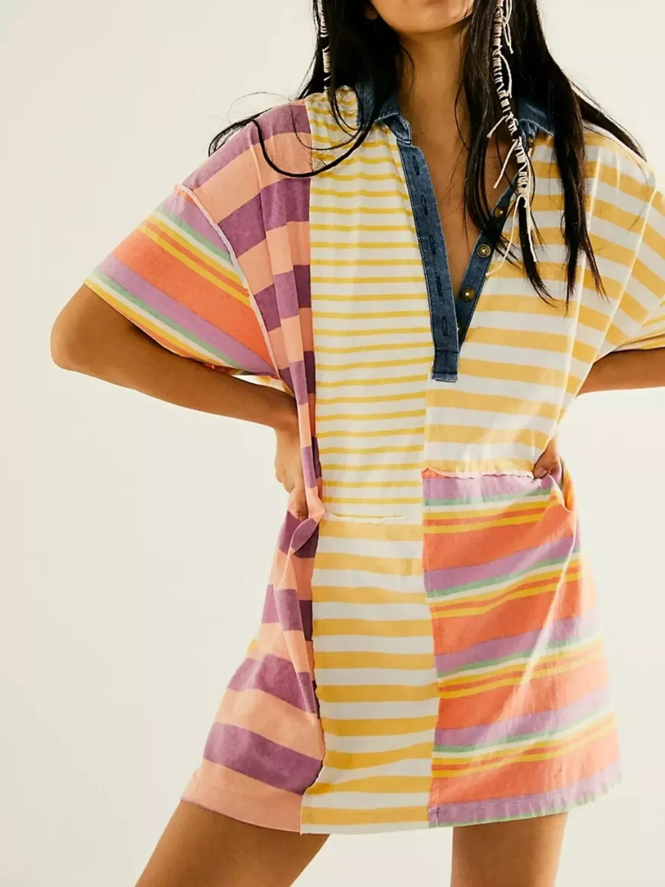 Striped Oversized Half Button Shirt Dress - DAVERRI FASHIONS
