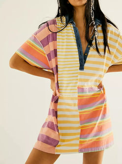 Striped Oversized Half Button Shirt Dress - DAVERRI FASHIONS